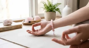 Hand wearing a pink rose quartz crystal bracelet while practicing calming mindfulness exercises