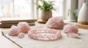 Rose quartz bead bracelet for anxiety relief placed near raw rose quartz crystals for heart chakra balance
