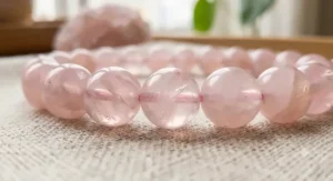 Close-up of genuine pink rose quartz beads on an elastic bracelet designed for soothing emotional calm