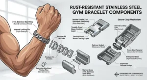 Detailed vector diagram showing the rust-resistant waterproof stainless steel bracelet components.