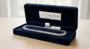 Elegantly packaged silver tennis bracelet inside an open velvet jewelry box for gift giving.