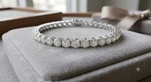 Sparkling silver tennis bracelet featuring lab grown diamonds on a neutral velvet display pad.