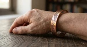 Close-up of a solid copper healing cuff bracelet designed to help reduce hand arthritis stiffness and discomfort.