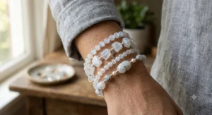 Stackable moonstone beaded bracelets layered as personalized June birthstone jewelry