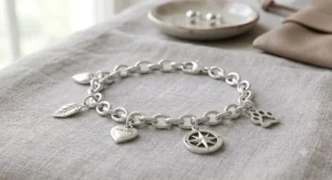 Detailed drawing of a sterling silver charm bracelet crafted with skin-safe metals