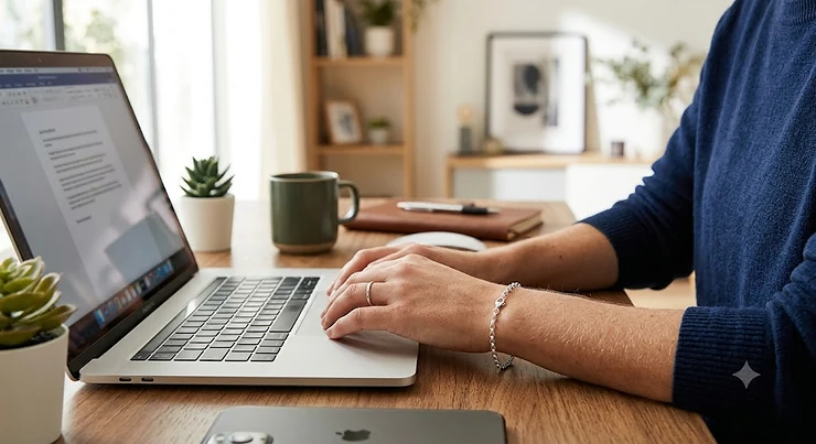 Woman wearing a sleek tarnish-resistant silver bracelet for daily wear while working at a desk