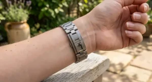 Detailed shot of a non-reactive titanium clasp ensuring 100 percent hypoallergenic protection