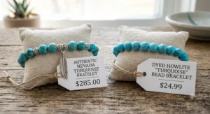 Price tag comparison illustrating retail value differences between authentic turquoise and howlite jewelry