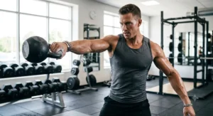 Athlete training with a kettlebell while wearing a tarnish-proof stainless steel bracelet built for the gym.
