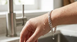 Water droplets sliding off a durable tarnish-resistant silver bracelet designed for daily wear