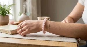 Woman wearing a rose quartz bracelet for anxiety relief on her wrist during daily stress management