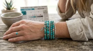 Woman wearing stacked Southwestern style turquoise stone bead bracelets with sterling silver accents