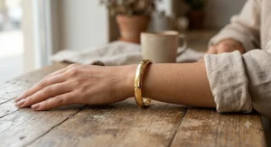 Woman wearing a gold-plated stainless steel cuff bracelet with a polished finish