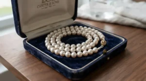 An akoya pearl bracelet resting inside a luxurious velvet presentation box