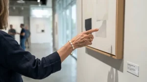 A baroque pearl bracelet for minimalist style displayed on a hand viewing art in a modern gallery.