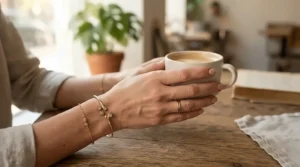 A baroque pearl bracelet for minimalist style featured on an arm holding a ceramic coffee mug.