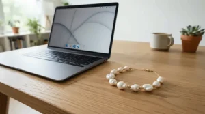A baroque pearl bracelet for minimalist style resting on a clean wooden desk next to a sleek laptop.