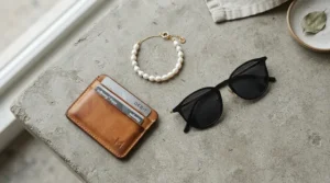 A baroque pearl bracelet for minimalist style laid out flat with sunglasses and a leather wallet.