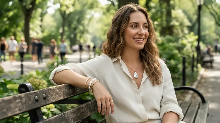 A baroque pearl bracelet for minimalist style worn outdoors on a sunny day in a quiet park.