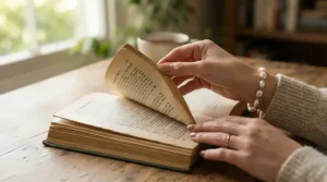 A baroque pearl bracelet for minimalist style visible on a wrist holding an open hardcover book.