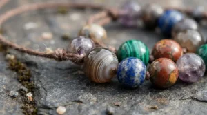 A close-up view of a natural stone bracelet vs crystal bracelet, showcasing unique textures and polished finishes.