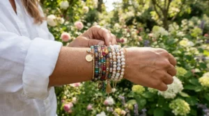 Boho-chic freshwater pearl bracelet combined with colorful gemstone beads for casual summer wear.