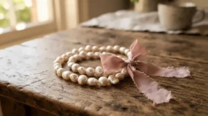 Boho chic freshwater pearl bracelet for wedding featuring baroque pearls and ribbon