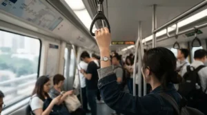 A durable button pearl bracelet for everyday wear visible on a commuter holding a leather subway strap.