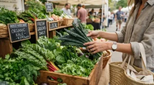 A sturdy button pearl bracelet for everyday wear seen while selecting fresh produce at a local market.