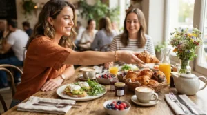 A subtle button pearl bracelet for everyday wear featured alongside avocado toast at a weekend brunch.