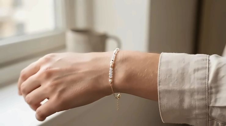 A classic akoya pearl bracelet elegantly displayed on a wrist against a neutral background