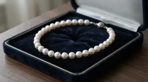 A classic freshwater pearl bracelet displayed neatly inside an open velvet jewelry gift box.