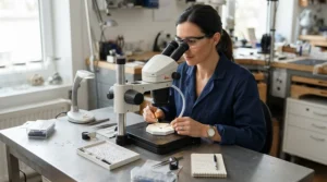Gemologist analyzing a cultured pearl bracelet vs natural pearl bracelet using specialized laboratory equipment.