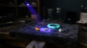 A fluorescence test revealing luminescence differences in a cultured pearl bracelet vs natural pearl bracelet.