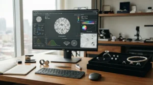 A digital monitor displaying internal nucleus structures for a cultured pearl bracelet vs natural pearl bracelet.