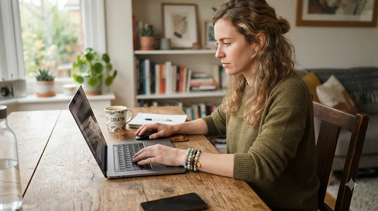 Woman wearing a casual freshwater pearl bracelet while typing on a laptop at a coffee shop.