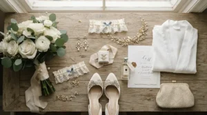 Styled flat lay featuring a freshwater pearl bracelet for wedding invitations and shoes.