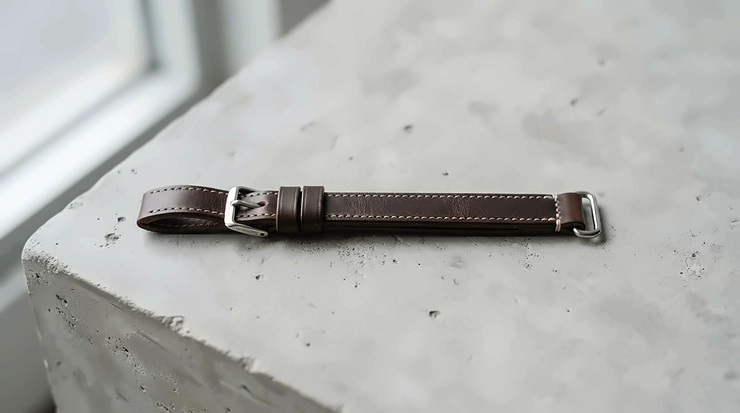 A minimalist genuine leather bracelet for men displayed on a clean neutral surface.