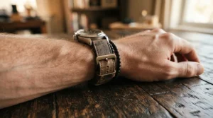 A rugged genuine leather bracelet for men worn during a motorcycle ride.