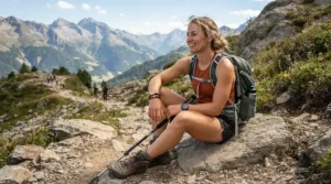 An outdoor enthusiast wearing a genuine leather bracelet for men on a mountain trail.