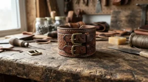 A rugged genuine leather bracelet for men resting on a rustic wooden workbench.