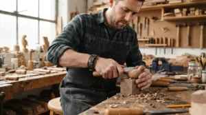 A craftsman wearing a genuine leather bracelet for men while working in his studio.