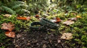 An eco-friendly layout of a genuine leather vs vegan leather bracelet on natural soil and green moss.