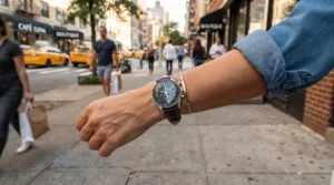 Casual daily wear of a genuine leather vs vegan leather bracelet on a person walking outdoors.
