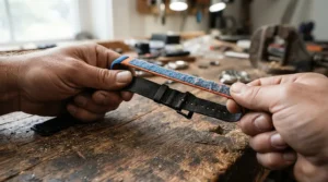 A genuine leather vs vegan leather bracelet durability test showing surface wear and tear on a rustic wooden table.