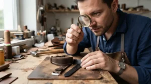 Examining the material lifespan of a genuine leather vs vegan leather bracelet with a magnifying glass.