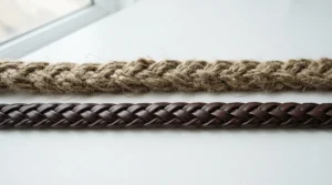 A real vs fake leather jewelry analysis featuring a genuine leather vs vegan leather bracelet under studio lights.
