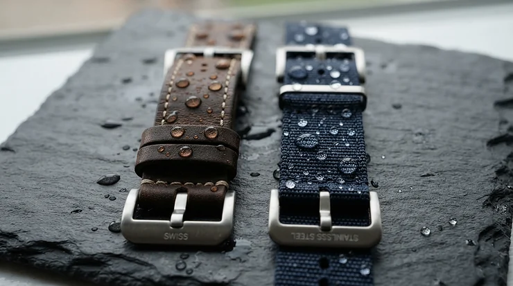 Water droplets beading on a genuine leather vs vegan leather bracelet during a moisture resistance check.