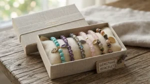 Gift box containing a natural stone bracelet and a crystal bracelet ready for giving.