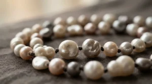 Close-up shot showing the natural luster and unique shapes of a handmade freshwater pearl bracelet.